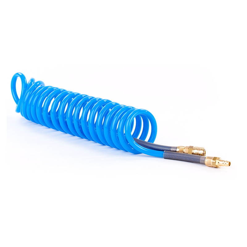 Wąż spiralny PU 5x8mm 5m okuty w szybkozłączkę i wtyczkę typu 26 ze sprężyną wzmacniającą