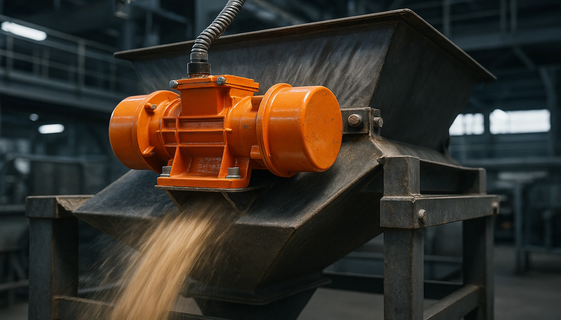 Elektrowibrator przemysłowy zamontowany na leju zasypowym transportującym materiały sypkie w zakładzie produkcyjnym