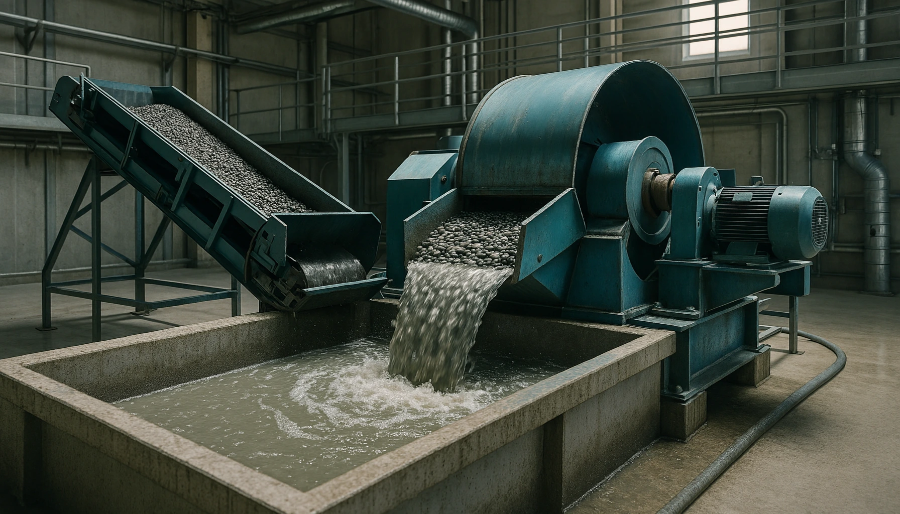 System odzysku kruszywa z betonu w zakładzie produkcyjnym oddzielający kruszywo od zaczynu cementowego